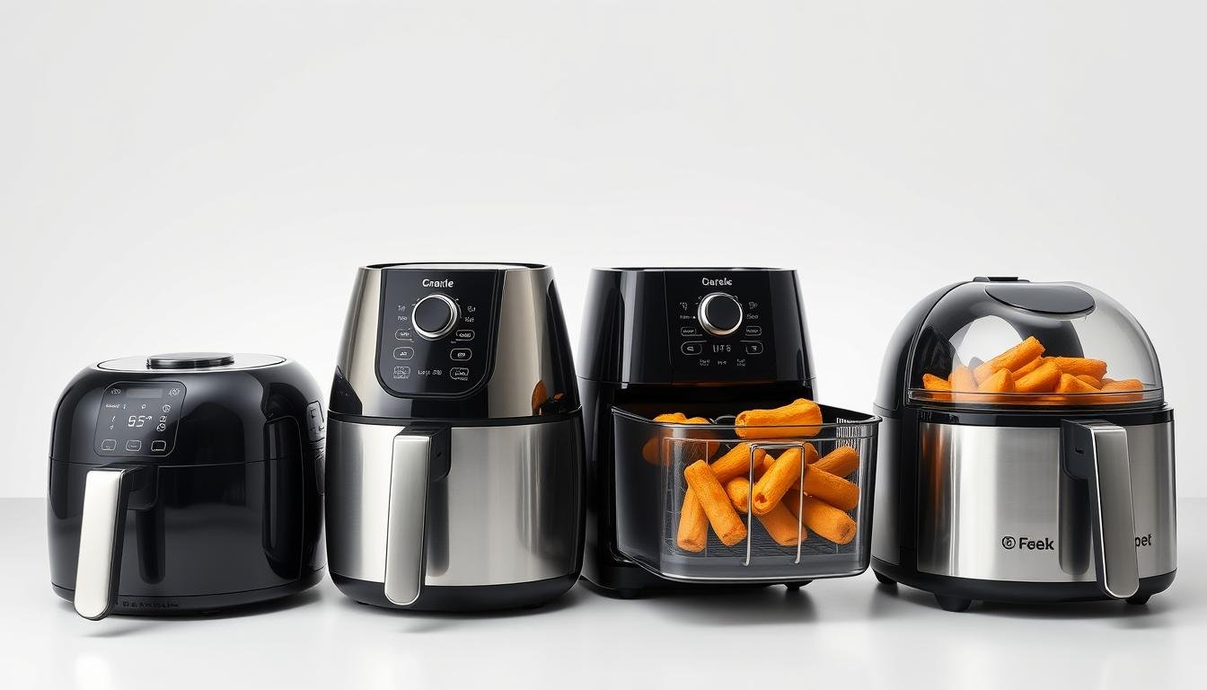Verschiedene Heißluftfritteusen im Vergleich mit Bedienfeldern und Garkörben
